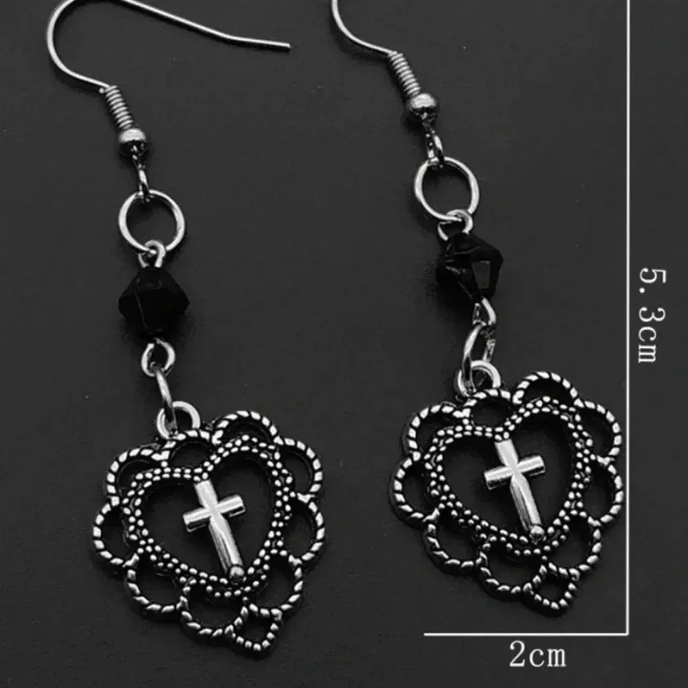 1 pair ladies black dark silver dangle drop goth punk cross pendant earrings